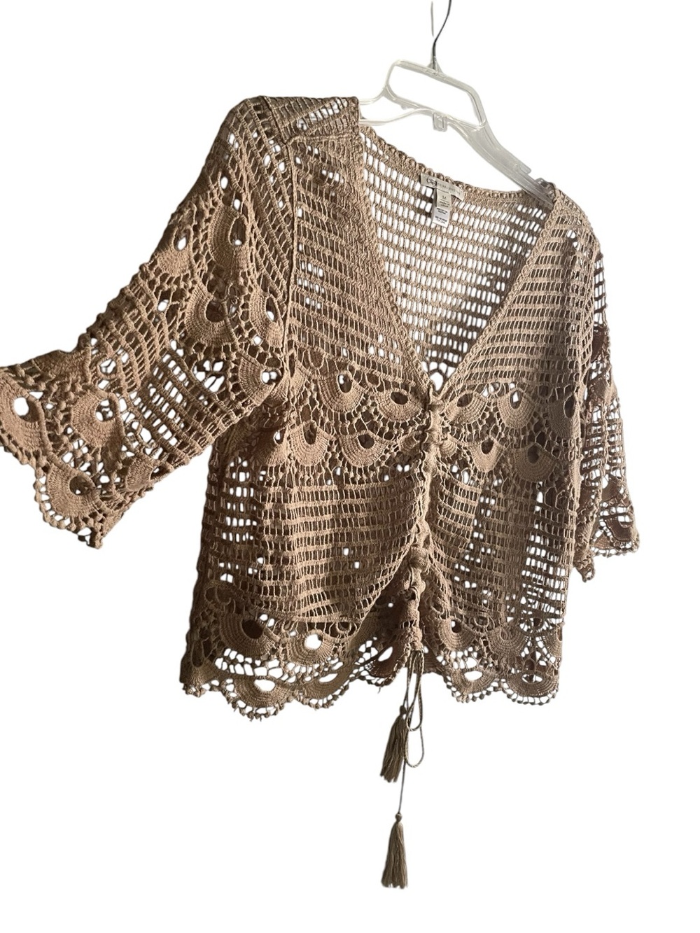 Crochet open knit tan crop top drawstring beach costal layering boho indie sz M